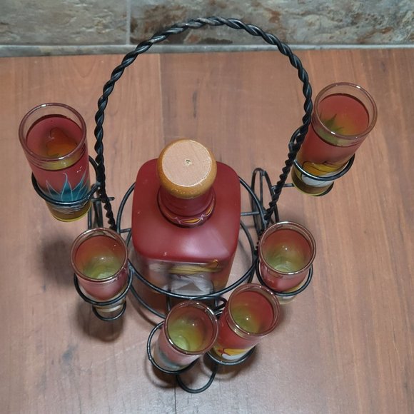 Amatitan Jalisco Mexico Decanter Tequila Bottle 6 Shot Glasses Metal Display Rac - Picture 4 of 14
